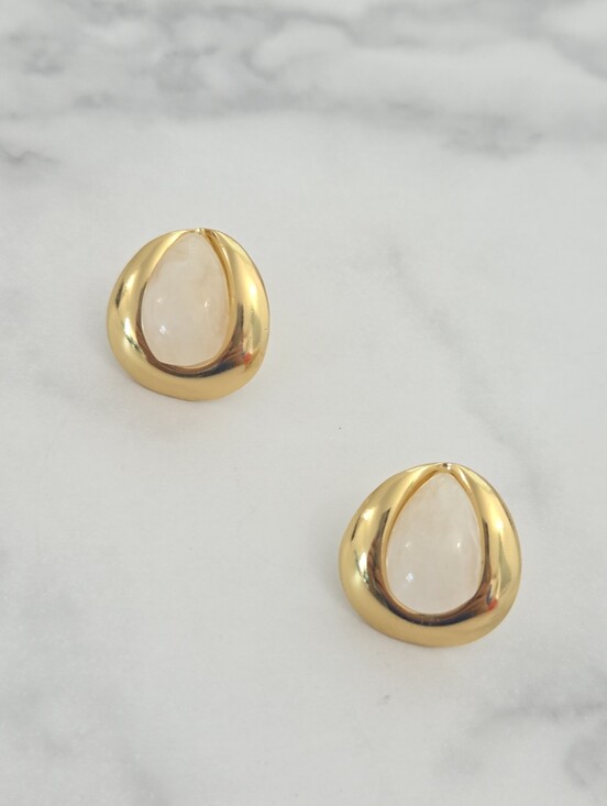 Jewelry - Stainless Steel Gold Tear Drop Earrings White Marble Resin Chic Minimalist